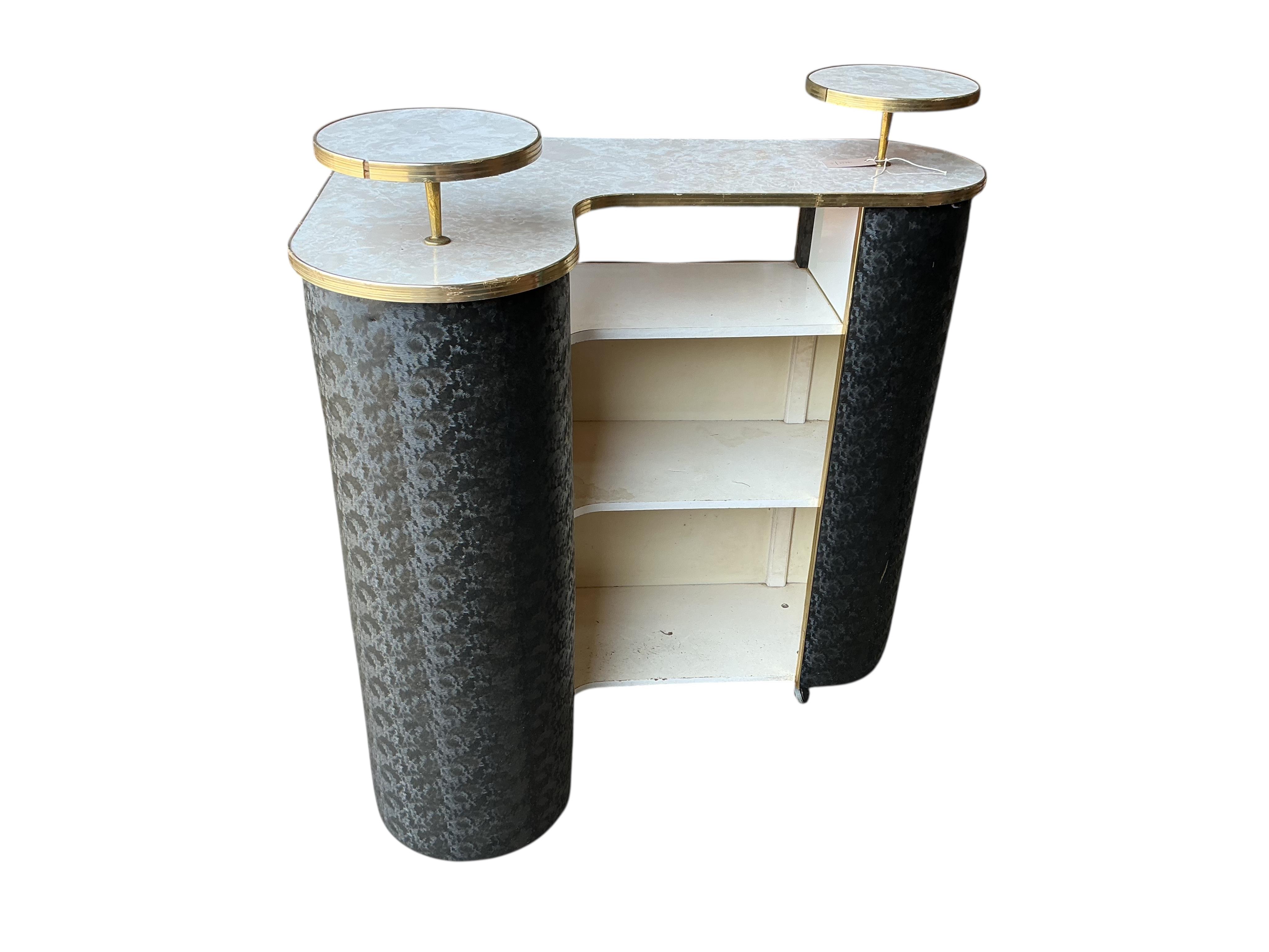 A 1970's formica and black fabric bar unit, width 88cm, depth 88cm, height 64cm, height 102cm